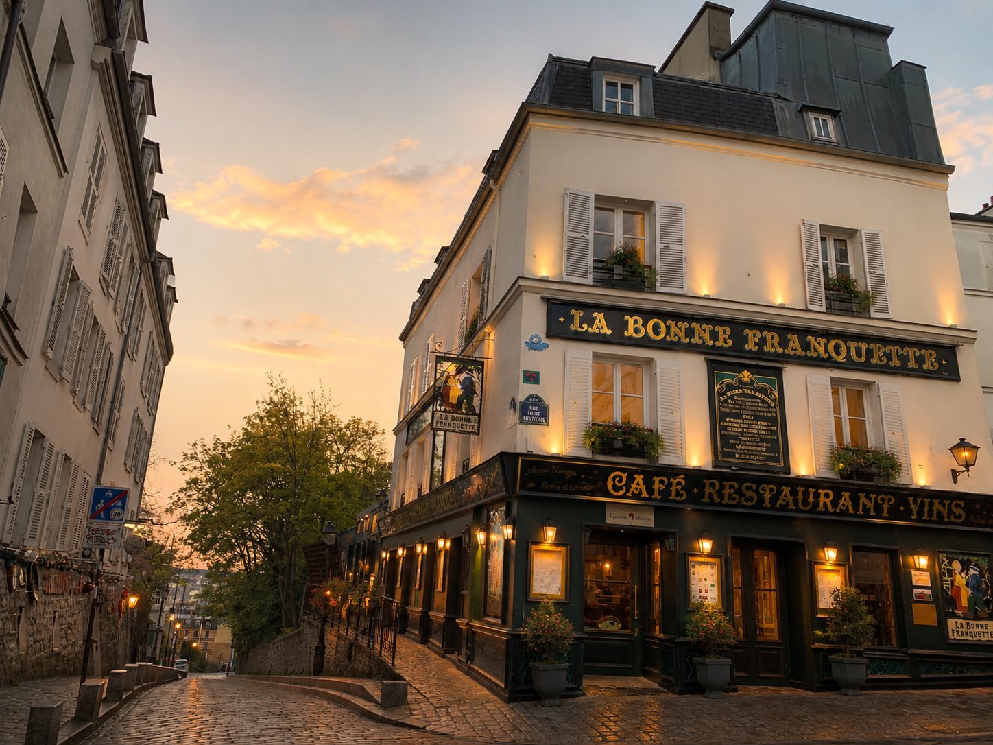 La Bonne Franquette au coucher du soleil, angle rue des Saules et rue Saint-Rustique
