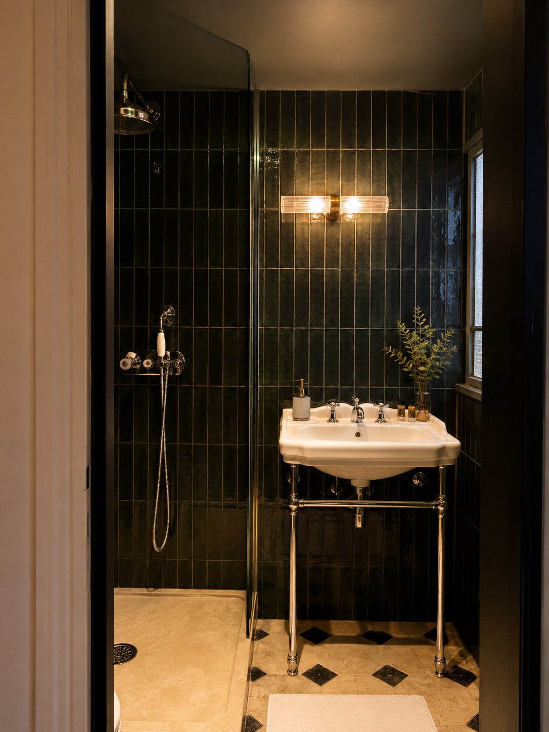 Salle de bain en zellige vert, vasque sur console chromée et douche à l'italienne
