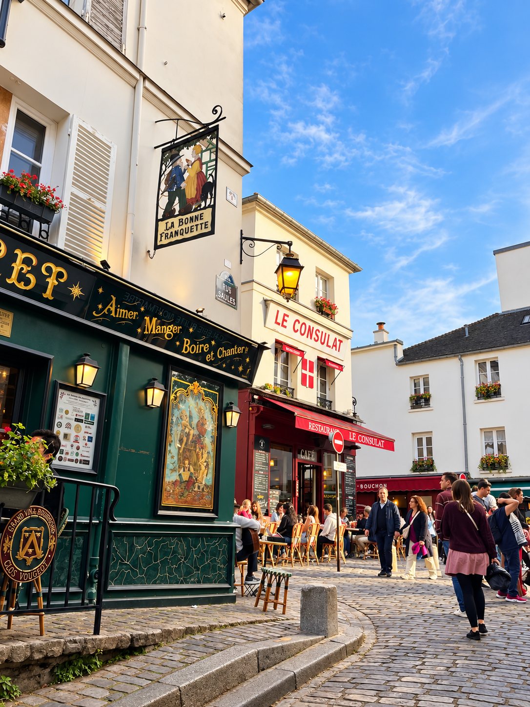 L'angle de la rue des Saules, La Bonne Franquette et Le Consulat